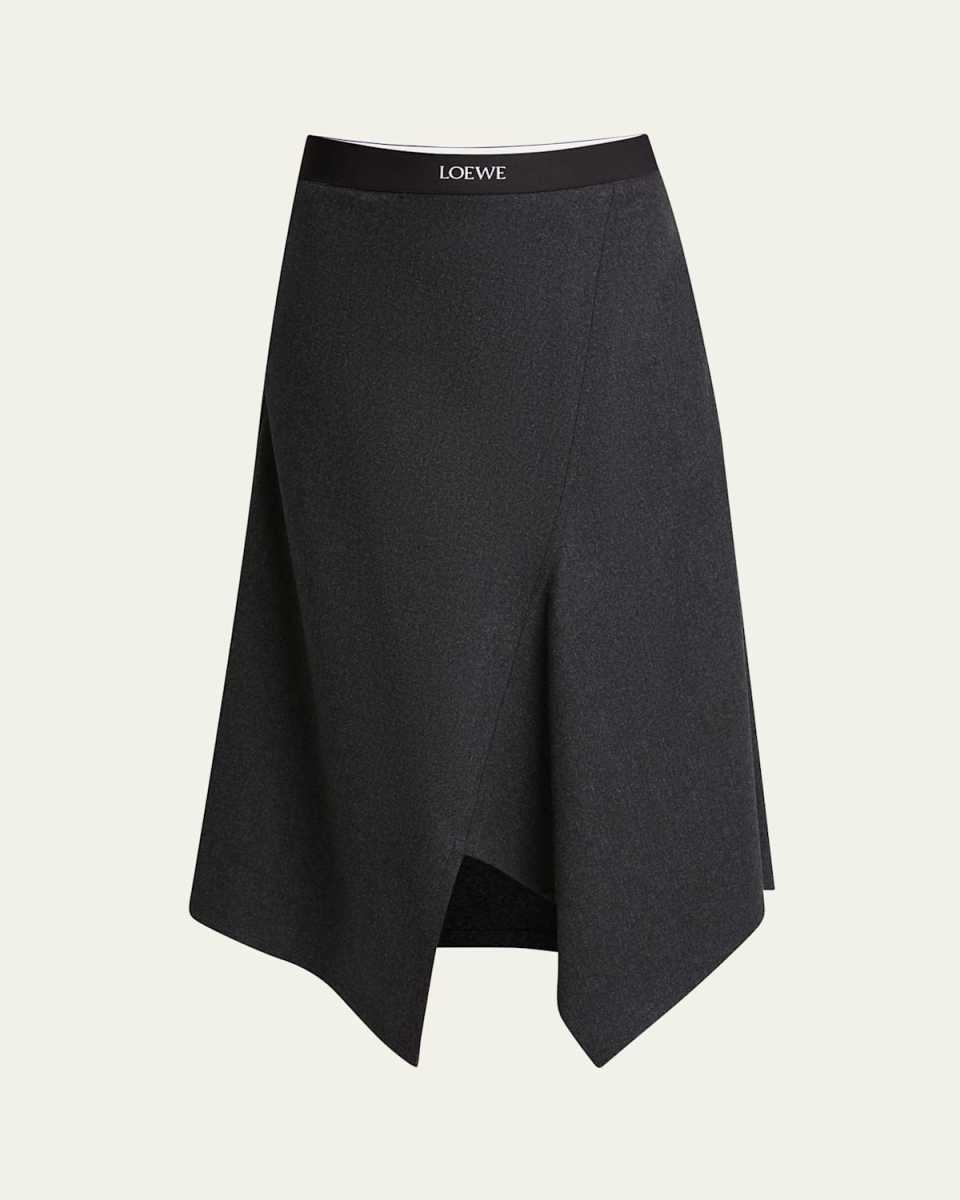 Logo Band Asymmetric Wool Cashmere Midi Skirt